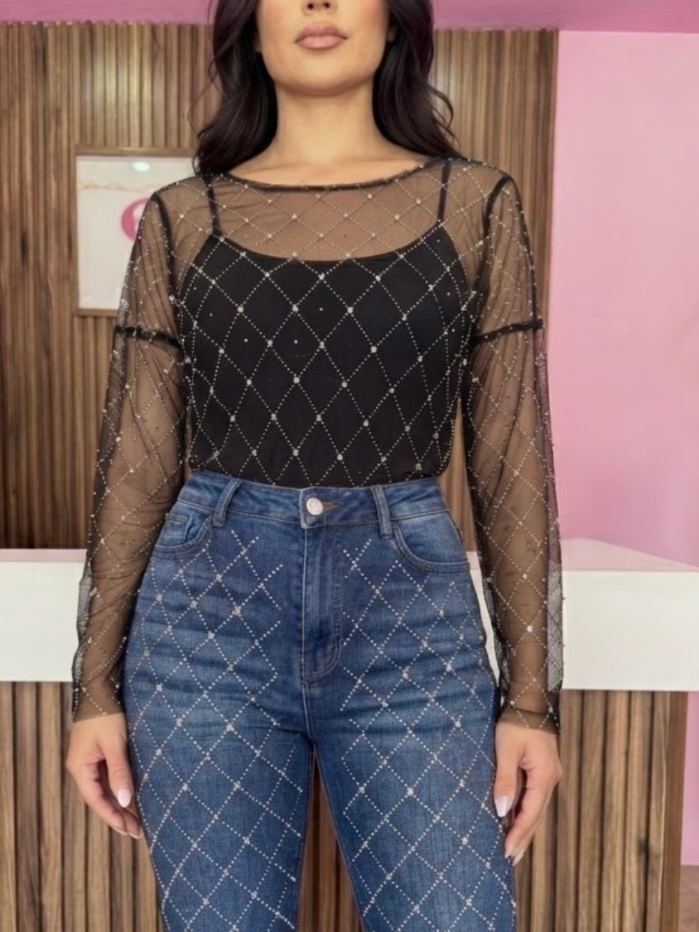 Glamorous Rhinestone Mesh Top ✨